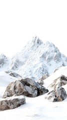 Obraz premium Snowy mountains surrounded by rocks, with some snow on the peaks and rocks covered in a white powder