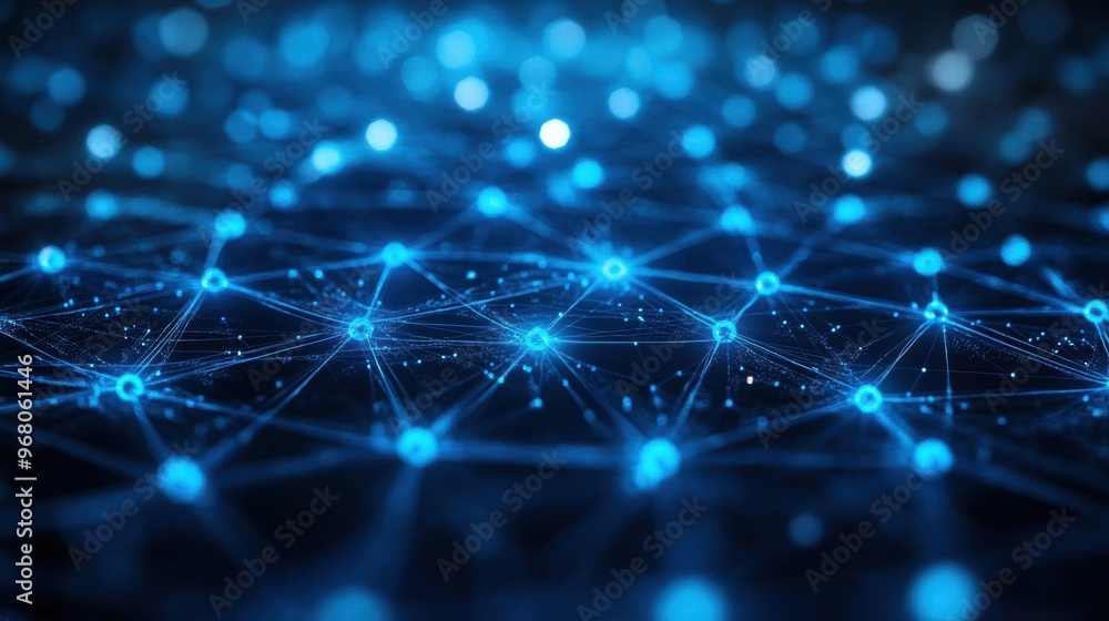 Poster a blue abstract backdrop featuring interconnected network nodes, representing a modern business conc