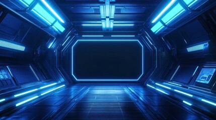Futuristic Spaceship Corridor with Blue Neon Lights