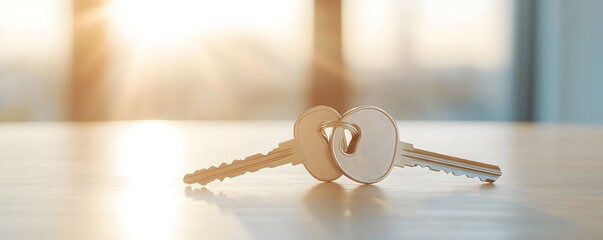New Homeownership Journey - Minimalist Image of House Keys in Sunlit Luxury Setting Symbolizing Achievement and Elegance for Real Estate or Interior Design Themes
