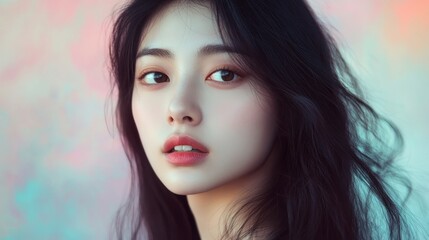 Fototapeta premium A Close-Up Portrait of a Young Woman with Long Black Hair