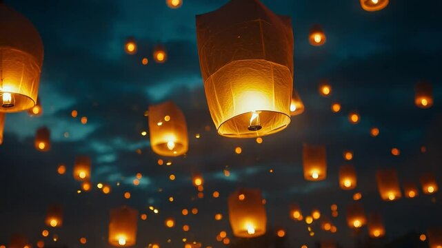 A multitude of vibrant lanterns ascend into the darkening sky during a festive event, illuminating the surroundings with warmth