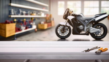 Empty counter table of motorcycle mechanic workshop, workshop scene. new tools hanging on the wall in the workshop, tool rack against a table and a wall.  ideal for displaying advertising products