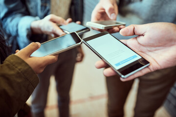 Students, people and hands with phone in circle for network, connectivity and online information. University, friends and tech with screen at campus for communication, news and sharing test mark