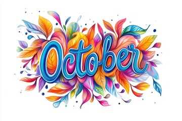 The word "October" is written in colorful cursive letters, set against an empty background Generative AI