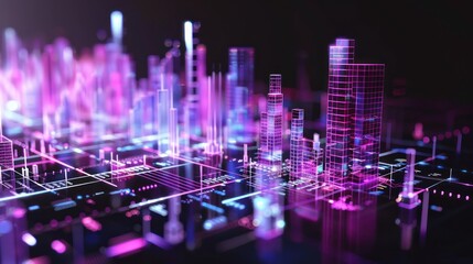 Digital Cityscape - Neon Lights and Wireframe Architecture