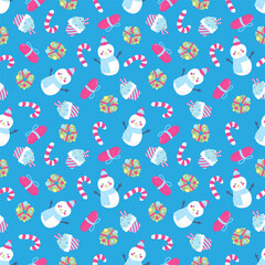 Winter colorful seamless pattern with snowman, wreath, lollipop, gift and muffin. Blue background. In a hand-drawn style. For web backgrounds, fabrics, wrapping paper, decoration.