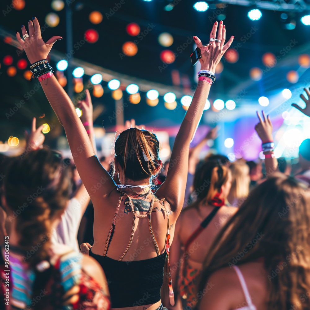 Wall mural crowd of people with raised arms having fun at music