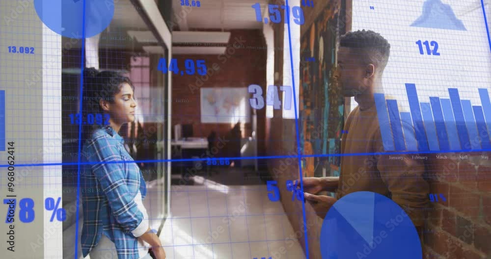 Poster animation of data processing and diagrams over diverse colleagues discussing work