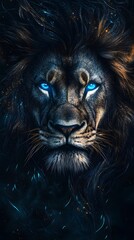 An abstract, glowing lion on a black background with glowing blue eyes