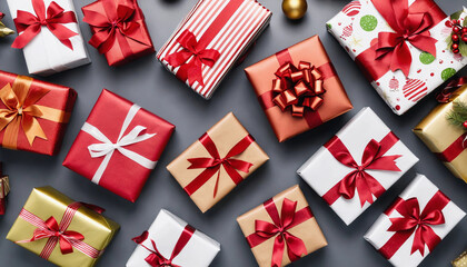 Obraz premium Festively wrapped gifts with ribbons and bows, ready for the holidays.