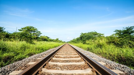 Fototapeta premium A close-up of a vintage train track stretching into the horizon, surrounded by lush greenery and a clear blue sky