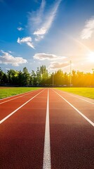 Fototapeta premium A well-maintained running track under sunlight, with vibrant colors and ample copy space for text
