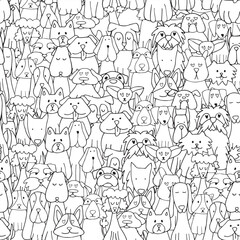 Cute cartoon dogs seamless pattern. Different breeds of dogs on endless canvas for your design. Domestic pets. Vector illustration