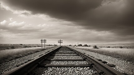 Generative AI, A long, empty railway track stretching into the horizon under a cloudy sky, evoking a sense of solitude and endless journey.