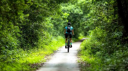 Obraz premium A cyclist riding along a serene trail surrounded by lush greenery, with a light solid color background