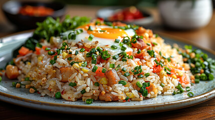 A bowl of rice with meat and vegetables.