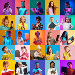 Colorful collage of kids, boys and girl using different gadgets, such as tablet, phone and laptop with curiosity against multicolored background in neon light. Concept of childhood, emotions