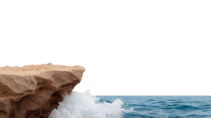 Coastal cliffs with crashing waves and rocky shore isolated on transparent background