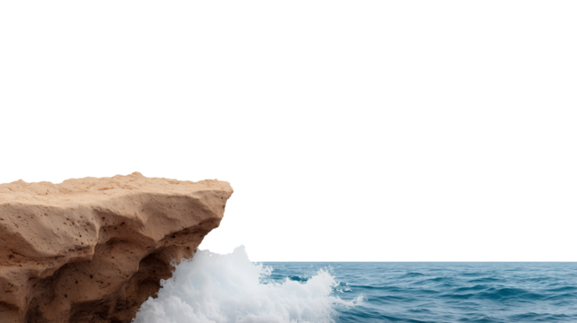 Coastal cliffs with crashing waves and rocky shore isolated on transparent background