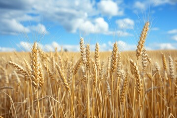 Fototapeta premium Golden Wheat Field Under Blue Sky, Agriculture, Farming, Harvest Season, Food Production