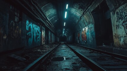 Graffiti-Covered Abandoned Tunnel with Train Tracks