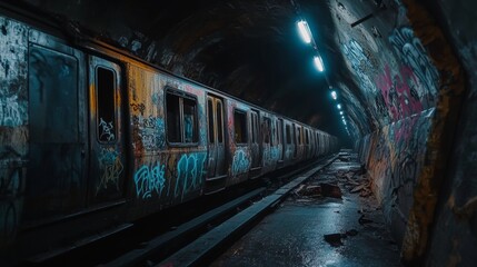 Graffiti-Covered Train Abandoned in a Dark Tunnel