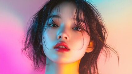 Fototapeta premium Close-up portrait of a woman with colorful lighting on her face and hair