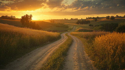 A scenic dirt road winds through fields, bathed in the warm glow of a fading sunset.
