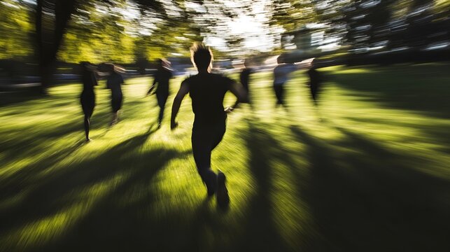 A person sprinting away from a group of people in a park, showing a sense of urgency and freedom