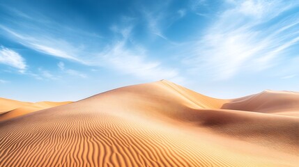 A vast desert landscape featuring rolling sand dunes under a clear blue sky, with soft shadows creating depth