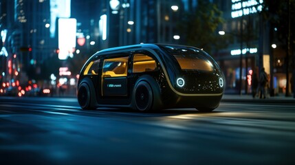 Fototapeta premium Futuristic Self-Driving Car on a Night City Street