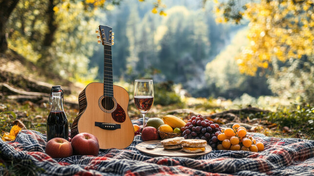 banner for offline date idea set up an outdoor picnic with a blanket, fruits, and a guitar in nature for a romantic experience for nature lovers