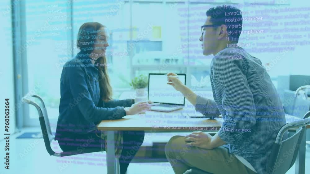 Poster animation of data processing over diverse colleagues talking in office