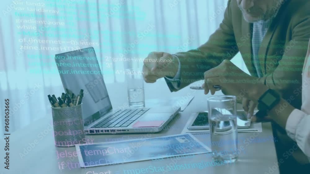 Aufkleber animation of data processing over diverse colleagues using laptop in office
