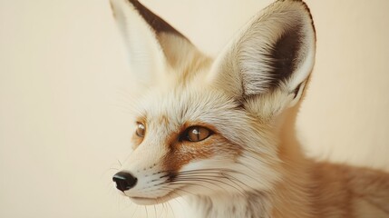 Fototapeta premium A close-up of a desert fox with its large ears perked up against a soft beige background, highlighting its fur texture