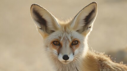 Obraz premium A close-up of a desert fox with its large ears perked up against a soft beige background, highlighting its fur texture