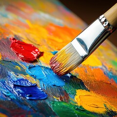 Obraz premium Close-Up of a Paintbrush Mixing Colors on Palette