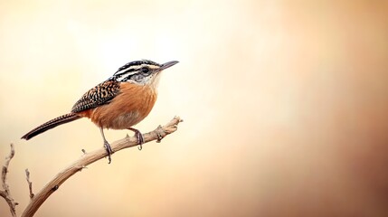 Fototapeta premium A solitary cactus wren perched on a low branch, with a light sandy background emphasizing its vibrant plumage