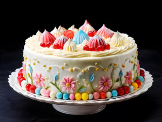 Cute cake decorated with flowers and candy