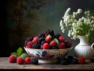 mixed berries in antique bowl 