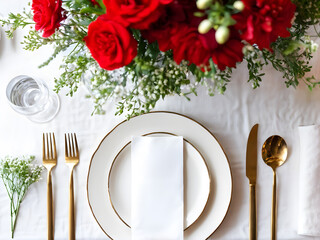 table setting with red roses and blank napkin or menu paper 