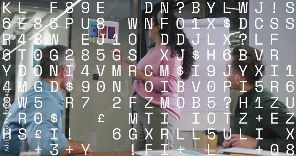 Aufkleber animation of changing letters and numbers over diverse colleagues discussing work in office