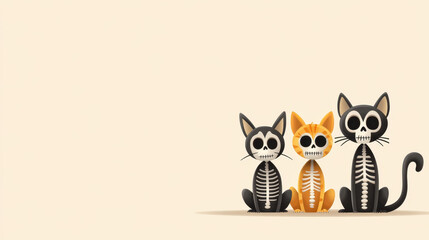 Fototapeta premium Spooky skeleton themed costumes on animals create fun and festive atmosphere. These playful skeleton cats, featuring black and orange colors, are perfect for Halloween celebrations