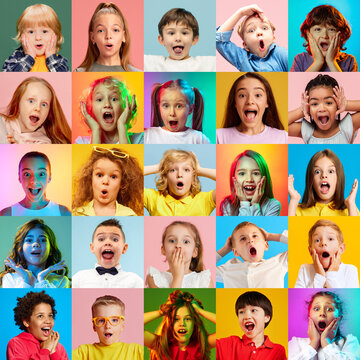 Collage made of close-up portraits of different chidden, boys and girls expressing different emotions of happiness and shock against multicolored background. Concept of childhood, emotions