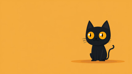 Cute black cat with large yellow eyes sitting against bright orange background, perfect for Halloween themes and decorations. This adorable character brings playful and spooky vibe