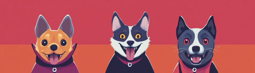 Obraz premium Cute and playful dogs in vibrant colors, showcasing their spooky vampire themed costumes. Their joyful expressions add fun and festive touch to scene