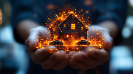 Little house and car models in hands.