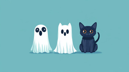 Obraz premium Spooky ghost themed costumes on pets create fun and playful atmosphere. cute black cat sits alongside two adorable ghost figures, perfect for Halloween