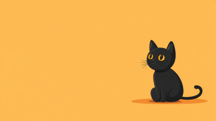 A cute black cat with bright orange eyes sits against vibrant yellow background, exuding playful and curious vibe. This charming illustration captures essence of feline curiosity and charm